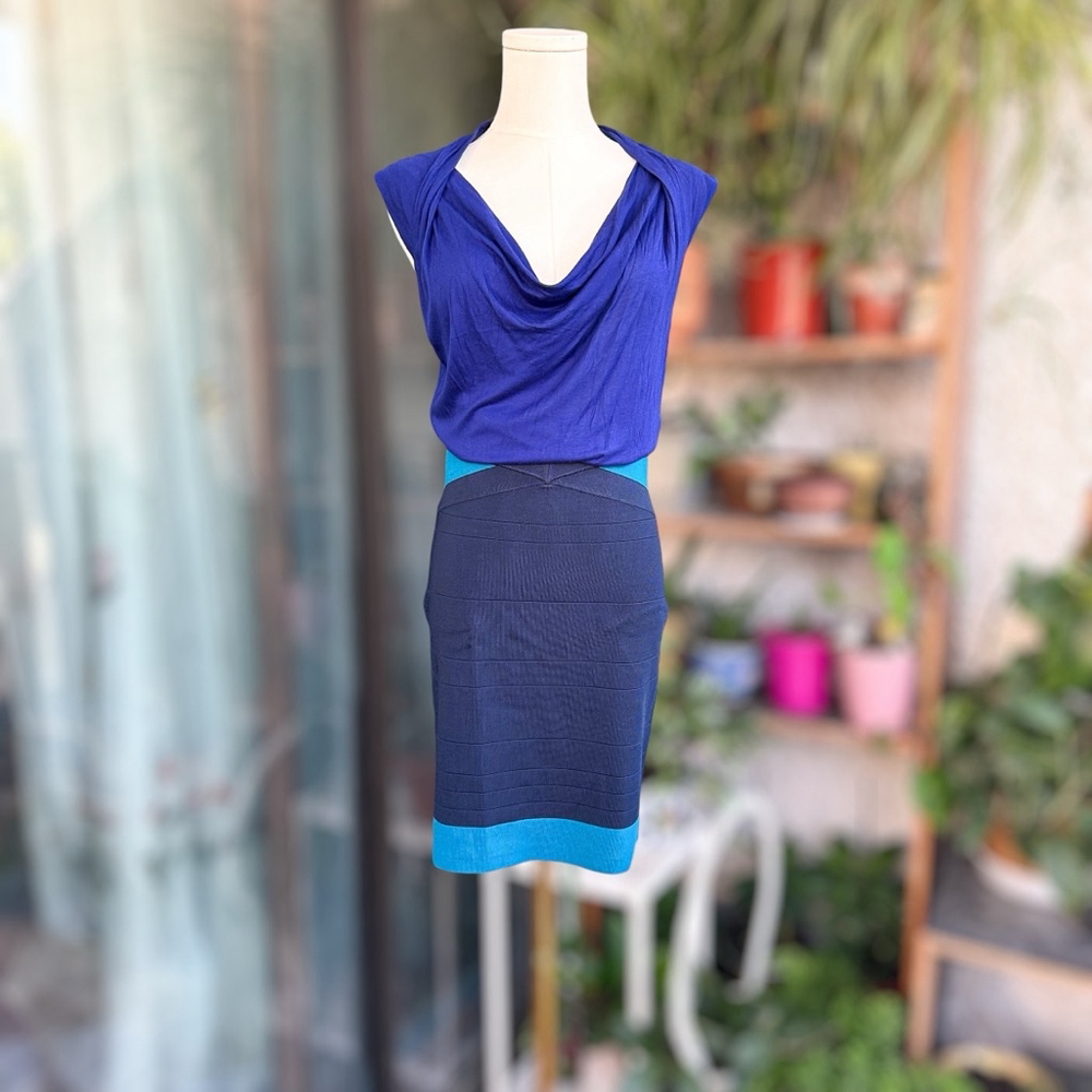 Karen Millen Blue & Teal Jersey Knit Bodycon Dress Cowl Neckline Women Size 3